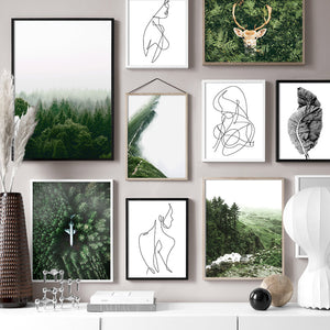 Wall Art Canvas Painting Forest Leaf Deer Abstract Lines Nordic Posters And Prints Landscape Wall Pictures For Living Room Decor - SallyHomey Life's Beautiful