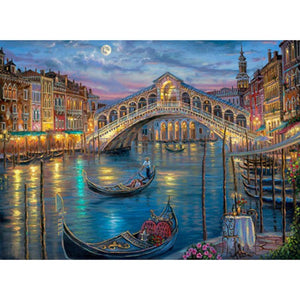 DIY 5D Diamond Painting Bridge City Diamond Embroidery Landscape River Night Cross Stitch Full Round Drill Mosaic Rhinestone Art