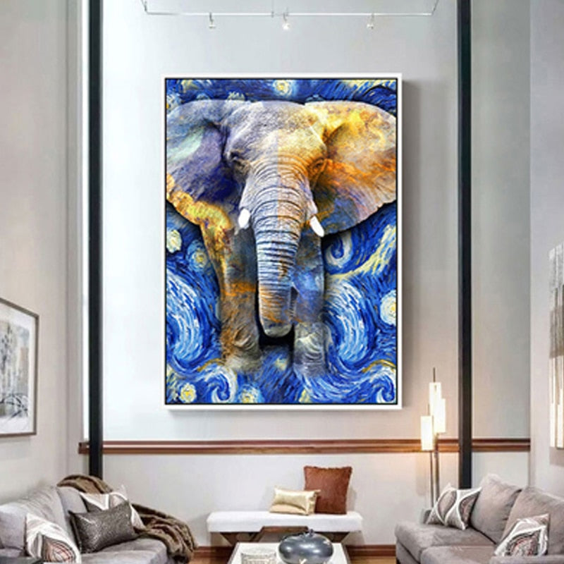 100% Hand Painted Abstract Stars Elephant Painting On Canvas Wall Art Frameless Picture Decoration For Live Room Home Decor Gift