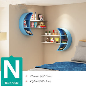 [HHT] Creative Moon Wall-mounted Rack Wooden Board Storage Shelf Living Room Children's Room Decorations Shelves Bookshelf