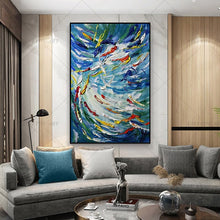 Load image into Gallery viewer,   100% Hand Painted Modern Blue Fishes Lucky Canvas Painting Picture 100% Handmade Painting for Living Room Wall Art Decoration Bedroom Home Decor