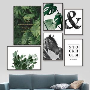 Cactus Monstera Fern Leaves Horse Quotes Wall Art Canvas Painting Nordic Posters And Prints Wall Pictures For Living Room Decor - SallyHomey Life's Beautiful