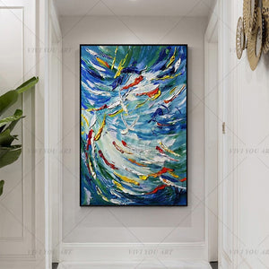   100% Hand Painted Modern Blue Fishes Lucky Canvas Painting Picture 100% Handmade Painting for Living Room Wall Art Decoration Bedroom Home Decor