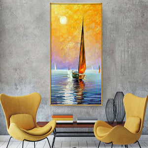 100% Hand Painted Sunset Ship Sea Painting  Modern Art Picture For Living Room Modern Cuadros Canvas Art High Quality