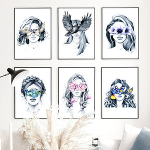 Abstract Fashion Girl With Butterfly Bird Nordic Posters And Prints Wall Art Canvas Painting Wall Pictures For Living Room Decor - SallyHomey Life's Beautiful