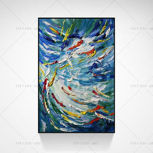 🔥 🔥 100% Hand Painted Modern Blue Fishes Lucky Canvas Painting Picture 100% Handmade Painting for Living Room Wall Art Decoration Bedroom Home Decor