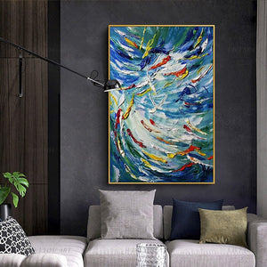   100% Hand Painted Modern Blue Fishes Lucky Canvas Painting Picture 100% Handmade Painting for Living Room Wall Art Decoration Bedroom Home Decor