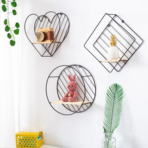 Nordic Style Iron rhombic round heart shaped Grid Wall Shelf Hanging decorative rack storage holder Figure Living Room decor 1PC