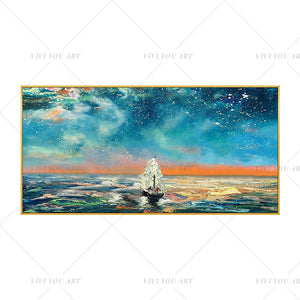 100% Hand Painted White Ship Blue Sea Abstract Painting  Modern Art Picture For Living Room Modern Cuadros Canvas Art High Quality