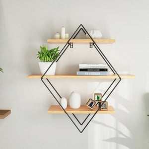 Vintage Iron Metal Wood Wall Shelf Kitchen Storage Rack Rhombus Craft Wall Book Hanging Rack Bathroom Organizer Home Decoration