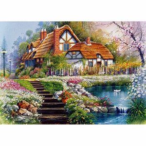 DIY 5D Diamond Painting Cross Stitch Full Round House Diamond Embroidery Mosaic Rhinestone Landscape Village Villa Home Decor - SallyHomey Life's Beautiful