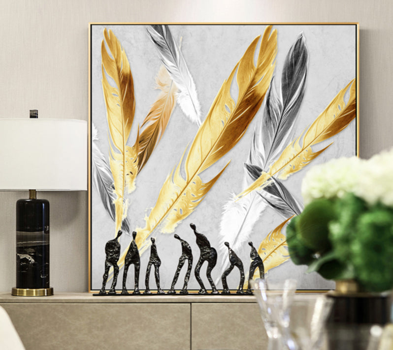 100% Hand Painted Abstract Golden Feather Painting On Canvas Wall Art Wall Adornment Pictures Painting For Live Room Home Decor