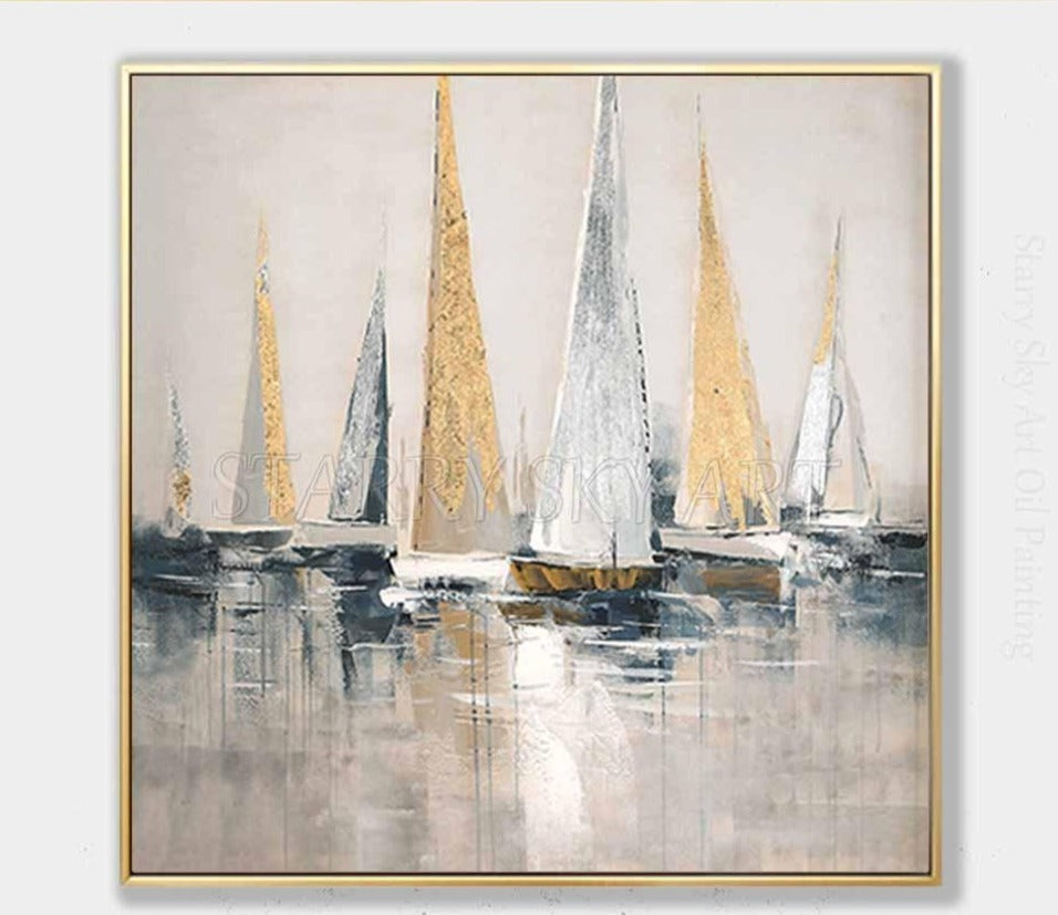 Skilled Artist Hand-painted High Quality Golden Foil Abstract Boats Oil Painting Wall Fine Art Abstract Landscape Boats Painting
