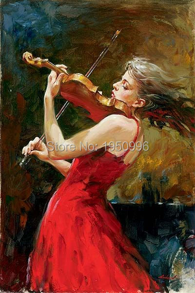 Modern Art Skilled Artist Handmade High Quality Knife Beauty Oil Paintings Lady violin musical instrument Painting On Canvas
