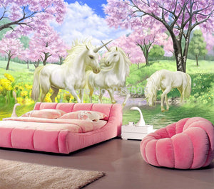 Custom 3D Mural Wallpaper Unicorn Dream Cherry Blossom TV Background Wall Pictures For Kids Room Bedroom Living Room Wallpaper - SallyHomey Life's Beautiful