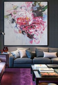 Handmade Abstract Adorable White Pink Art Oil Painting On Canvas Flower Paintings For Living Room Decor
