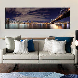 HD Print long Manhattan New York Poster Brooklyn Bridge skyline Night Canvas Painting Cityscape Pictures for Bedroom Livingroom - SallyHomey Life's Beautiful