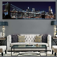 Load image into Gallery viewer, HD Print long Manhattan New York Poster Brooklyn Bridge skyline Night Canvas Painting Cityscape Pictures for Bedroom Livingroom - SallyHomey Life&#39;s Beautiful