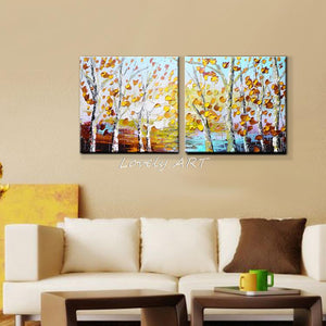 Free Shipping 100% Hand Painting Palette Knife Fall Tree Oil Painting Art  on canvas Living Room home decor on canvas 2pcs/set