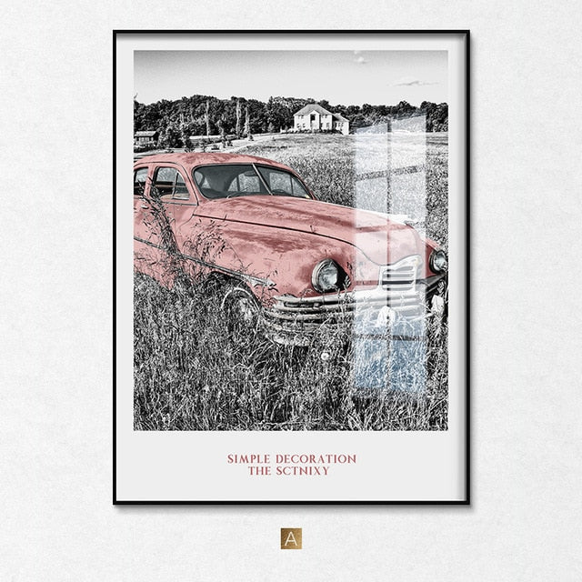 Nordic NEW YORK Black White building Wall Art Canvas Poster and Print Pink Car Canvas for Living Room Morden landscape Decor - SallyHomey Life's Beautiful