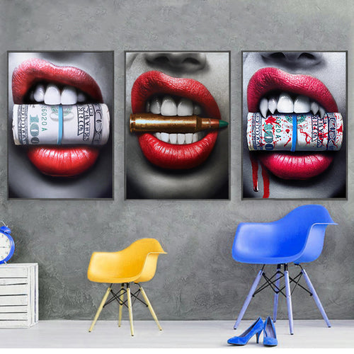 🔥Sexy Red Lips Bite Bullet and Money Modern Canvas Printing - Unframed - SallyHomey Life's Beautiful