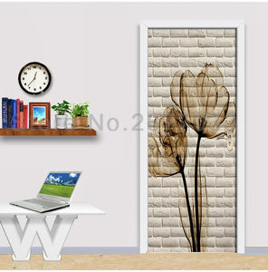 Wall Brick Tulip Picture Door Stickers 3D Wallpaper Bedroom Living Room Door Decor 3D Mural PVC Self-adhesive Waterproof Decals - SallyHomey Life's Beautiful