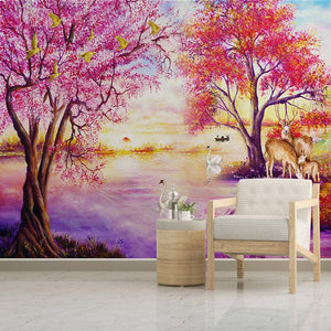 Custom Wall Mural Home Decor Wallpaper European Style Oil Painting Forest Tree Elk Swan Lake Photo Picture Living Room Bedroom - SallyHomey Life's Beautiful
