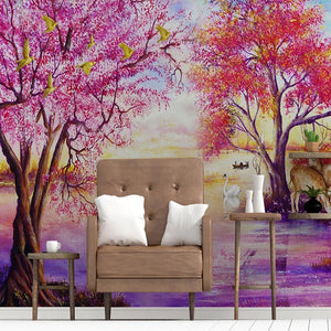 Custom Wall Mural Home Decor Wallpaper European Style Oil Painting Forest Tree Elk Swan Lake Photo Picture Living Room Bedroom - SallyHomey Life's Beautiful
