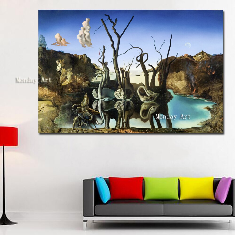 Modern Canvas Painting handmade Salvador Dali Oil Painting Swans Reflecting Elephants Wall Pictures For Living Room Home Decor