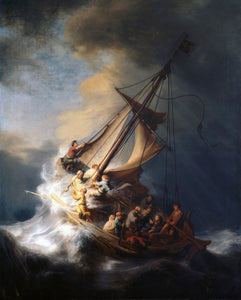 100%Handmade Oil Painting Hand Art Oil painting Rembrandt - Christ on sail boat with huge ocean waves - storm