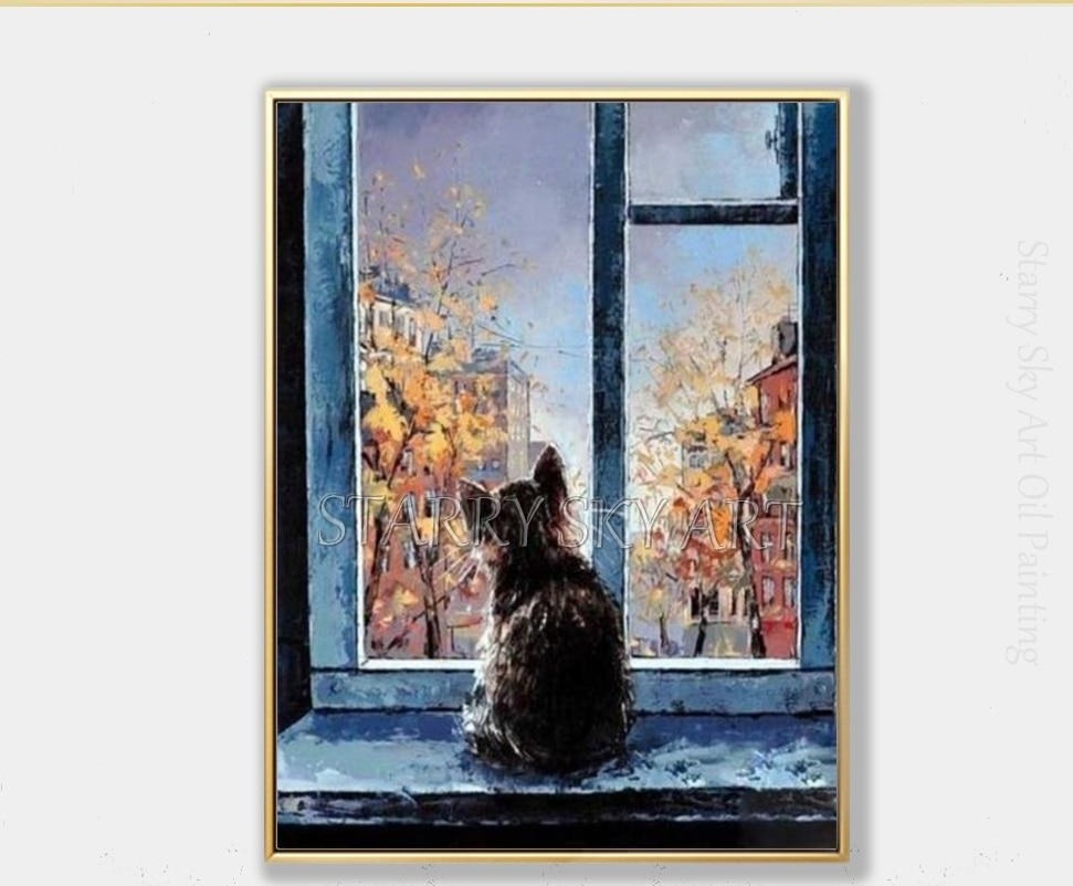 Special Wall Art Impressionist Cat at the Window Oil Painting on Canvas Beautiful Knife Painting Special Cat Back Oil Painting