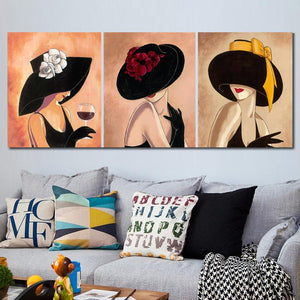 Abstract art Woman in hat with rose Handmade Oil painting Figure artwork girl modern paintings for wall decor SET OF 3 PCS