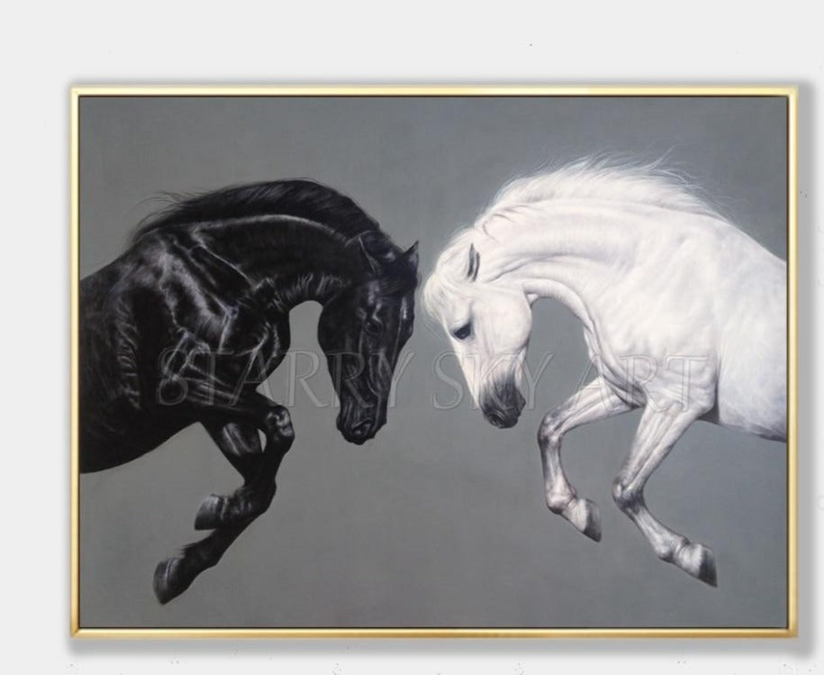 Top Artist Hand-painted High Quality Animal Horse Oil Painting Handmade Black and White Horses Oil Painting for Wall Decoration