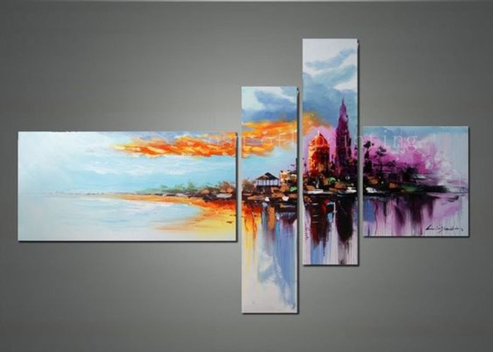 Handmade Modern Seascape Wall Art Abstract Artwork and Cityscape Oil Paintings on Canvas Calligraphy City Sunset Landscape Paint