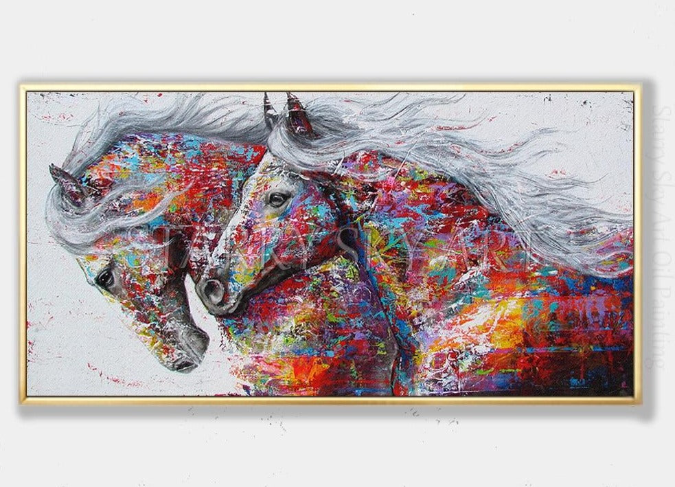 Fashion Design Hand-painted 2 Horses Oil Painting on Canvas Rich Colors Abstract Animal Horse Oil Painting for Wall Decoration