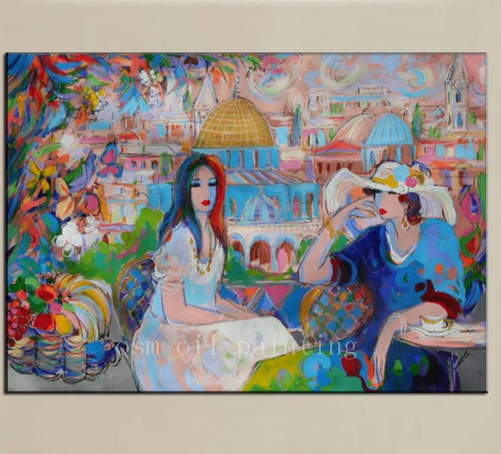 Hand-painted Modern Abstract City Superior Life Landscape Fine Wall Art Handmade Sexy Lady Women Portrait Oil Painting on Canvas