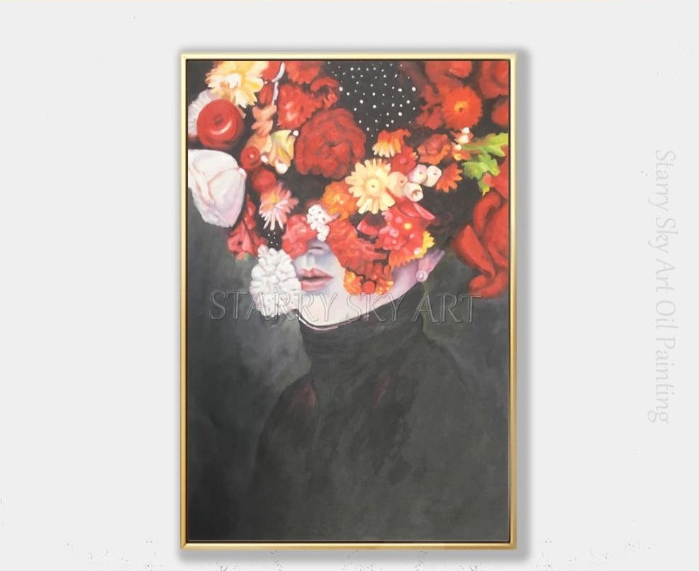 Professional Painter Hand-painted High Quality Modern Lady Figure Oil Painting on Canvas Lady with Colorful Flowers Oil Painting
