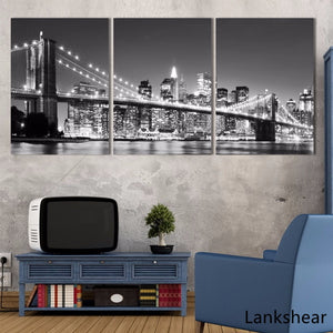 Modern Beautiful New York Bridge Night Canvas Paintings 3 Pcs Wall Art Foreign City Nightscape Painting Home Decor For Bedroom