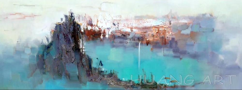 Original Art Chinese Style Landscape Hand-painted Modern Mountain Scenery Oil Painting on Canvas for Wall Decor Knife Painting - SallyHomey Life's Beautiful