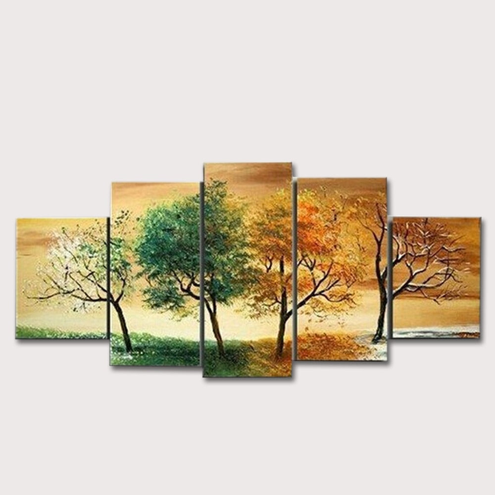 High Quality Hand Painted 4 Season Tree Oil Painting White Green Red Landscape 5 Pcs Canvas Wall Art Set Modern Abstract Picture