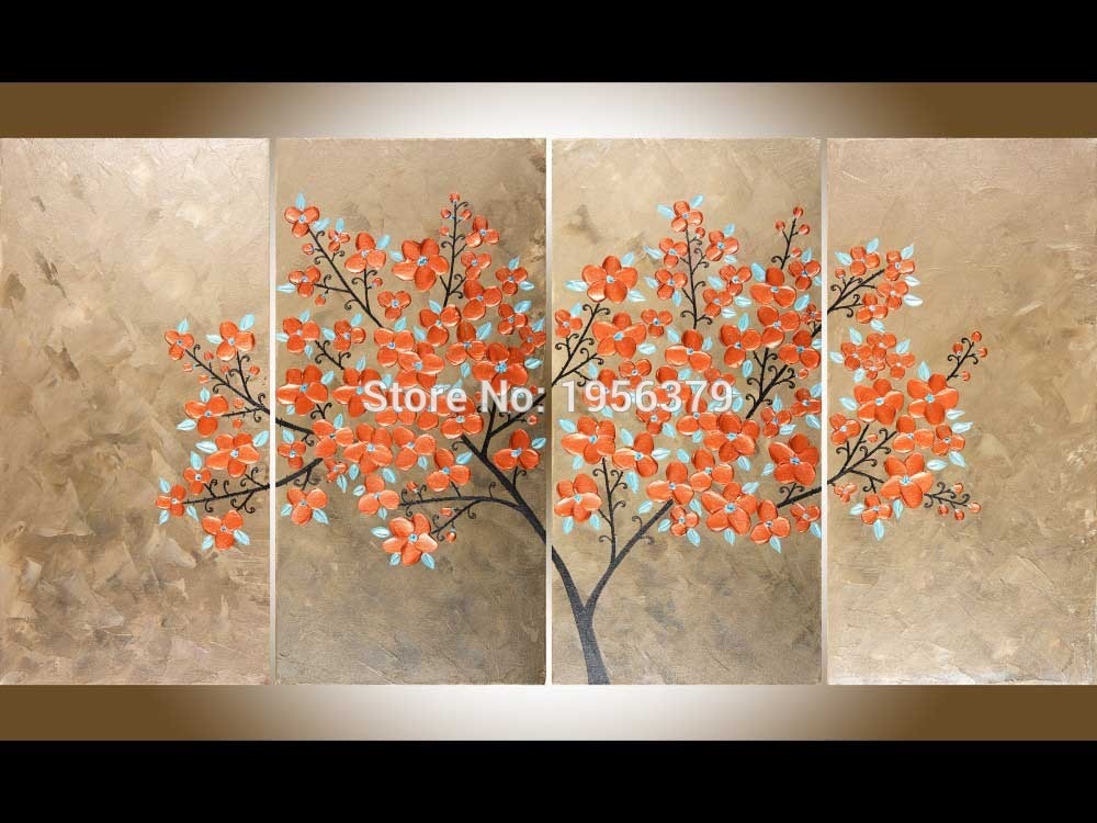 Artist Handmade Orange Petal With the Blue Leaves all Around the Tree Handmade High Quality Beautiful Flower Oil Painting