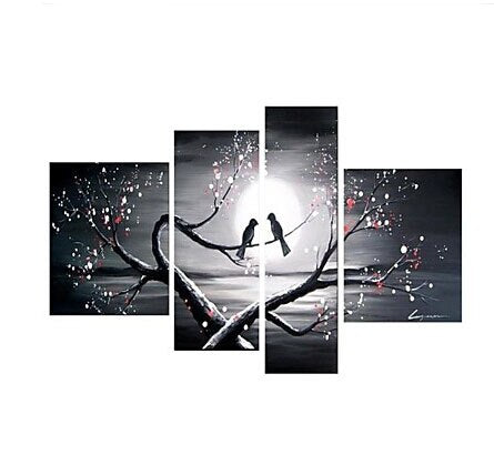 4 pcs Hand Painted Canvas Painting-Bird in the Tree-Landscape Oil Painting-Modern Abstract Canvas Wall Art for Home Decor