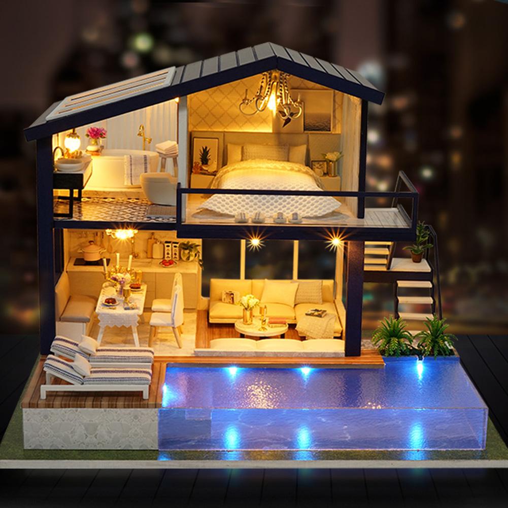 DIY DollHouse Miniature House Doll House With Pool Wooden Manual Assembly Home Decoration Holiday Birthday Gift - SallyHomey Life's Beautiful