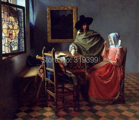 Oil Painting Reproduction on linen canvas,A Lady Drinking and a Gentleman by Johannes Vermeer 100% handmade