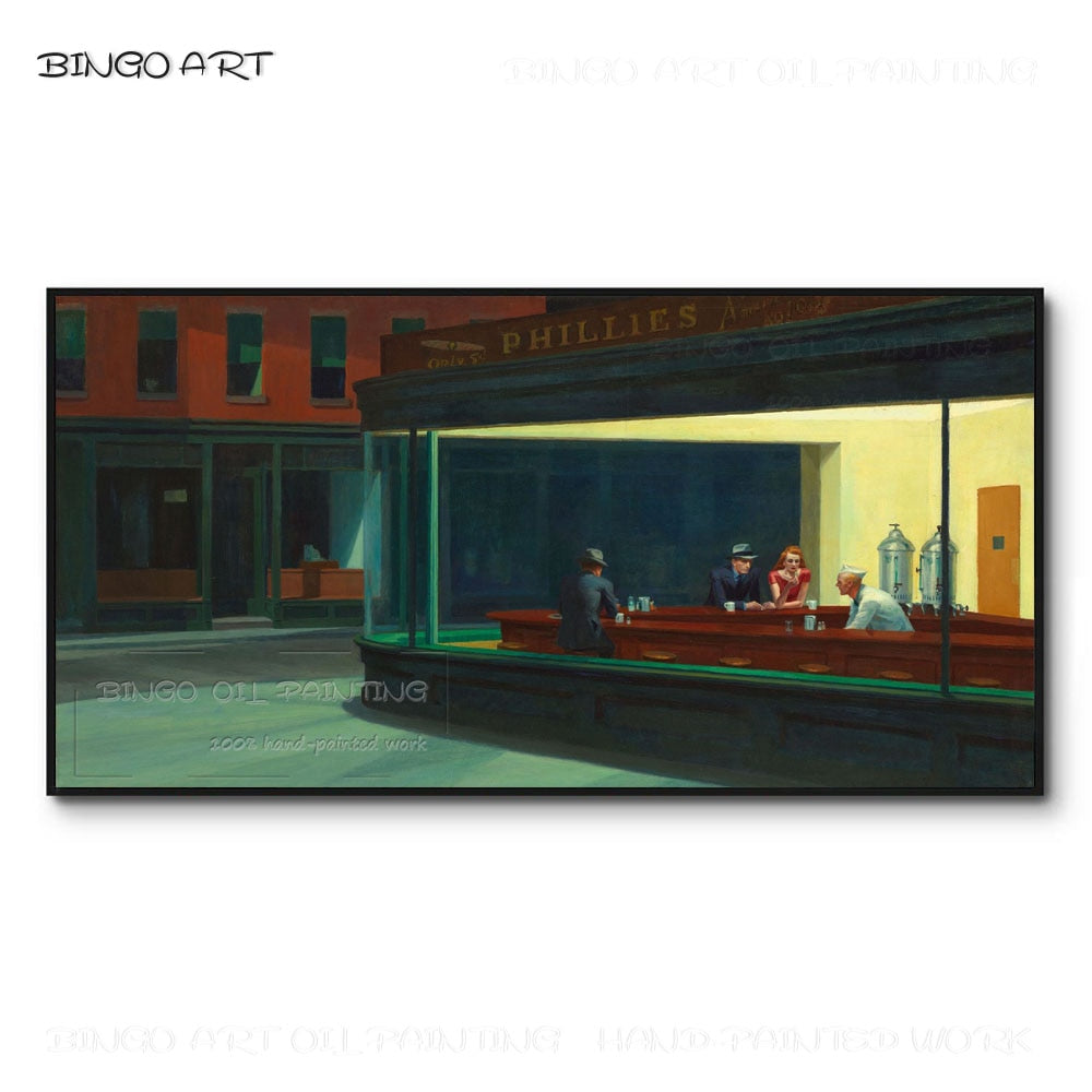 Professional Artist Hand-painted Edward Hopper Nighthawk Oil Painting Reproduce Famous Night Coffee Shop Nighthawk Oil Painting