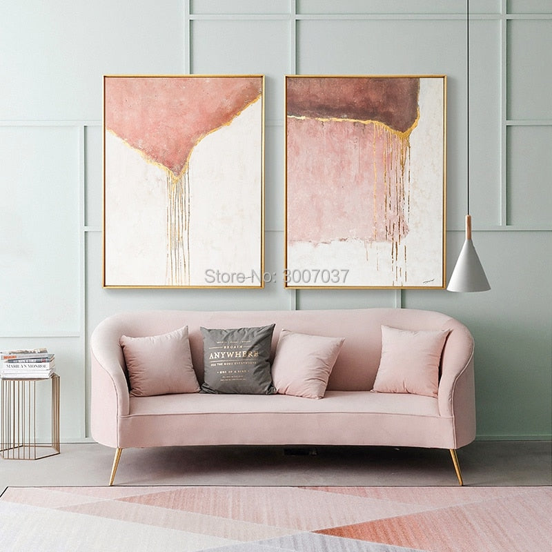 Handmade Canvas Painting Abstract Wall Art Hand Painted Gold and Pink with White Oil Painting on Canvas Wall Pictures Home Decor