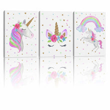 Load image into Gallery viewer, Wood Framed Ready To Hang Canvas Wall Art Girl&#39;s Room Super Cute Watercolor Unicorn Prints for Nursery Girl Bedroom Decor 3 Pcs