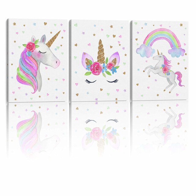 Wood Framed Ready To Hang Canvas Wall Art Girl's Room Super Cute Watercolor Unicorn Prints for Nursery Girl Bedroom Decor 3 Pcs