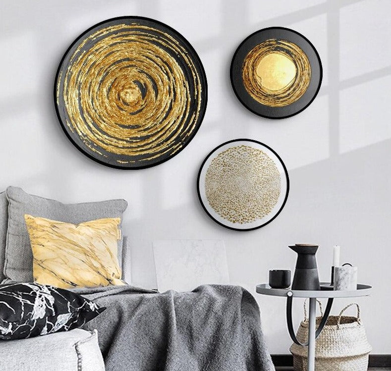 Round Golden Pattern Abstract Inkjet Wall Painting Wall Decoration Crafts Mural Solid Wood Frame Mirror Poster Living Room Decor