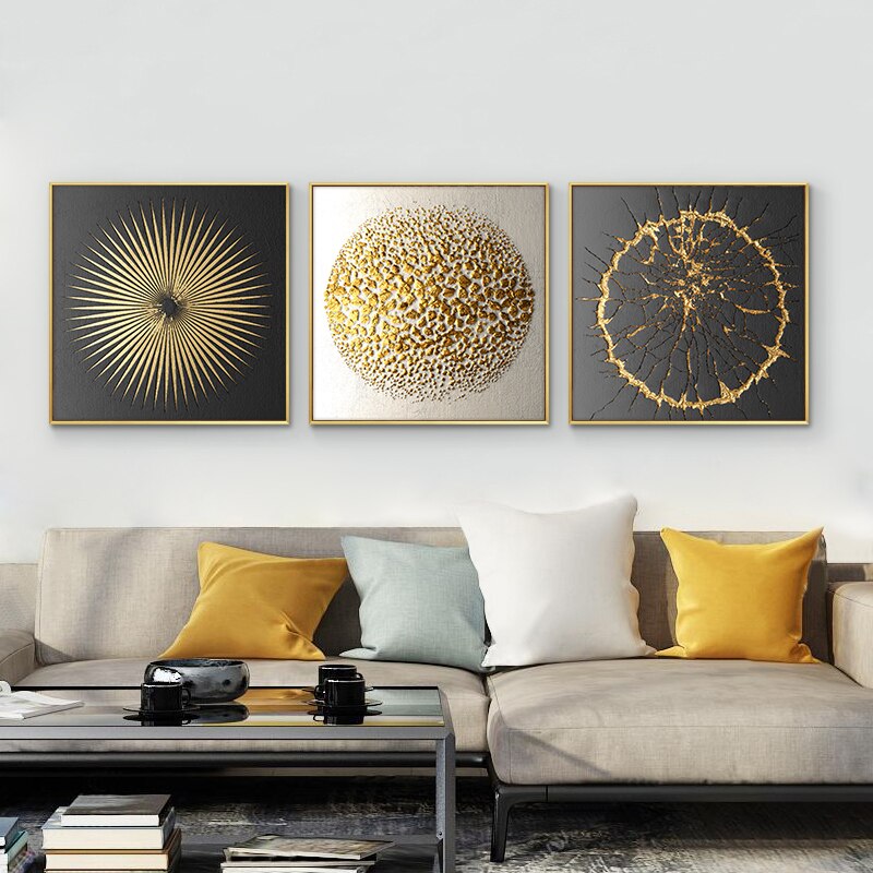 120x120cm Abstract Gold and Black Geometric Oil Painting on Canvas Posters and Prints Art Wall Pictures For Living Room